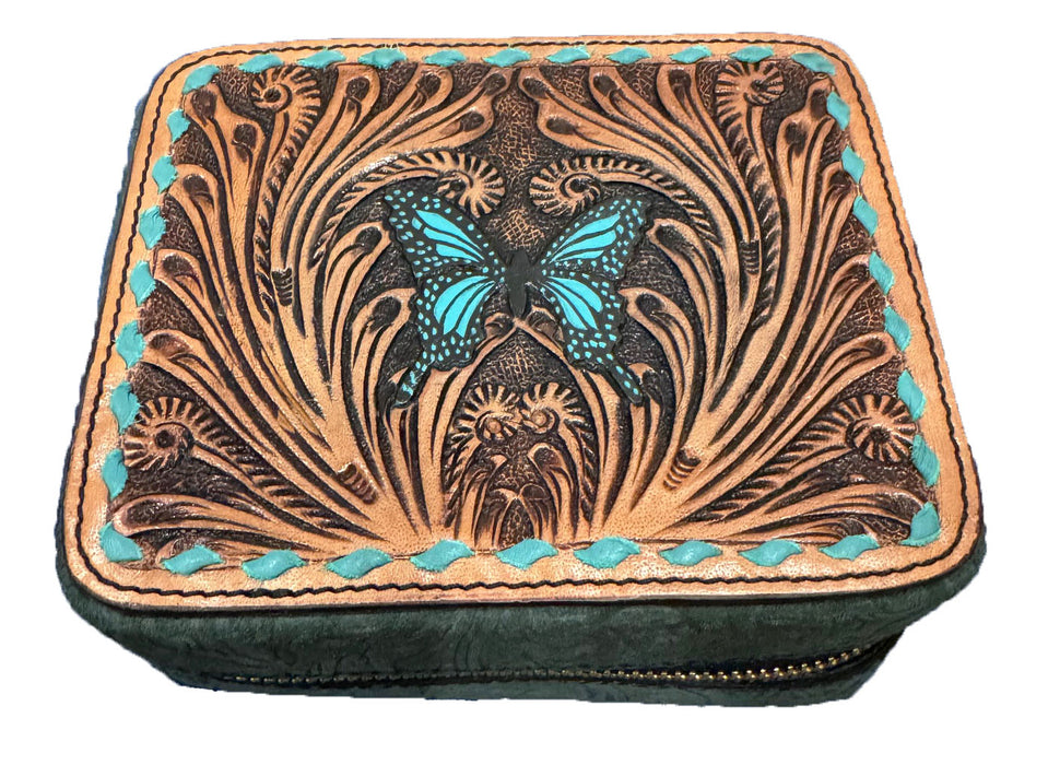 Women's Western Handcrafted Floral Tooled Jewelry Travel Case Box 18RSJ