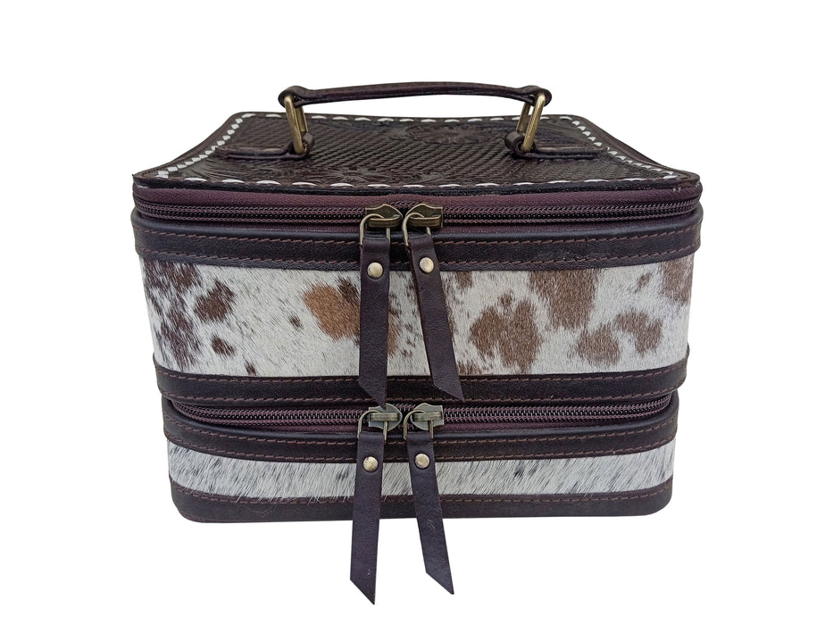 Women's Western Handcrafted Deluxe Floral Tooled Cowhide Dual Jewelry Cosmetic Organizer Travel Case Box 18RSJ