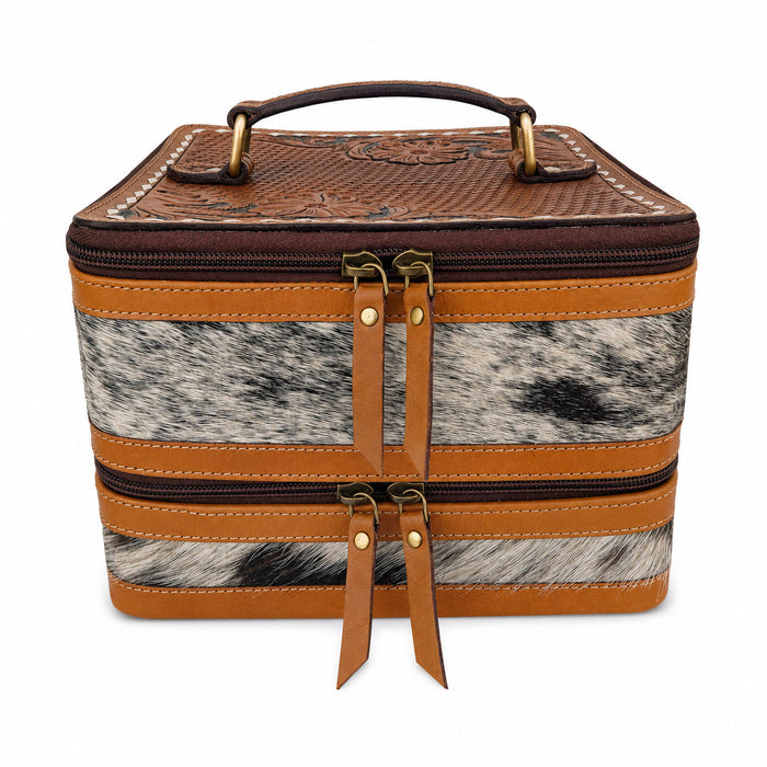 Women's Western Handcrafted Deluxe Floral Tooled Cowhide Dual Jewelry Cosmetic Organizer Travel Case Box 18RSJ