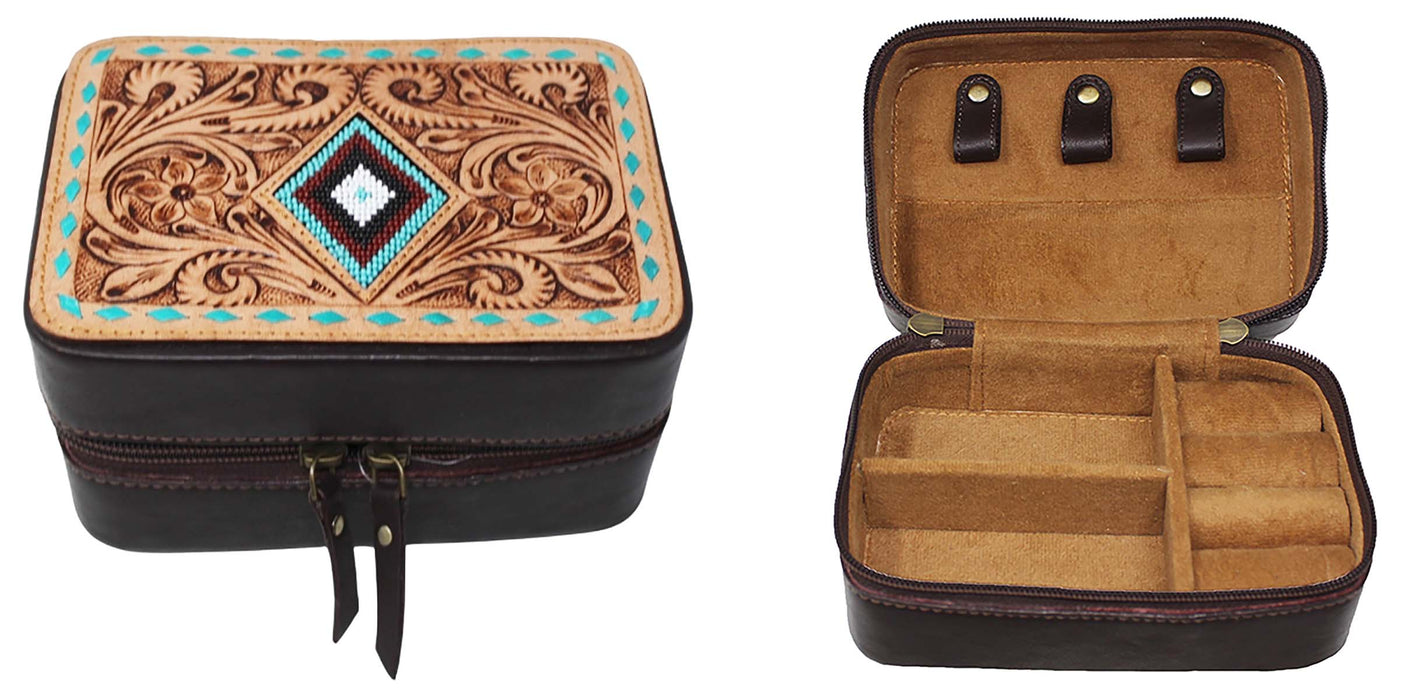 Women's Western Handcrafted Floral Tooled Jewelry Travel Case Box 18RSJ