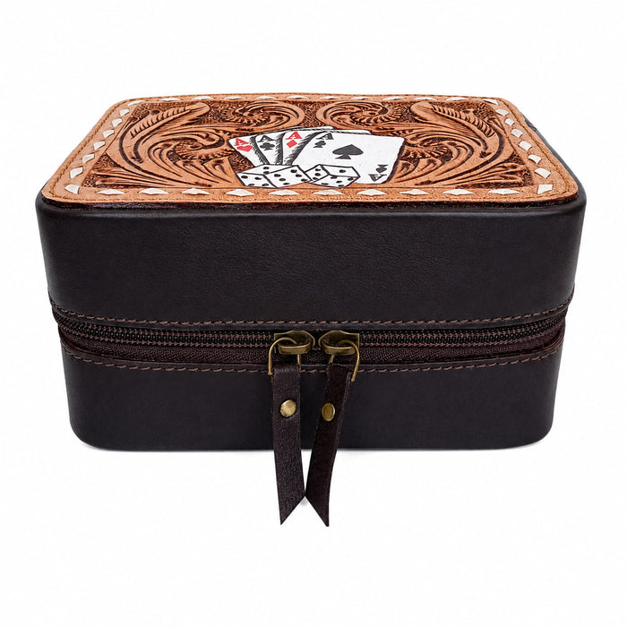 Women's Western Handcrafted Deluxe Floral Tooled Cowhide Dual Jewelry Cosmetic Organizer Travel Case Box 18RSJ
