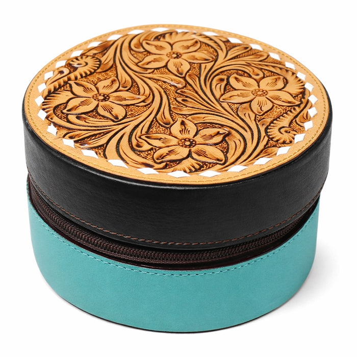 Women's Western Handcrafted Deluxe Floral Tooled Cowhide Dual Jewelry Cosmetic Organizer Travel Case Box 18RSJ