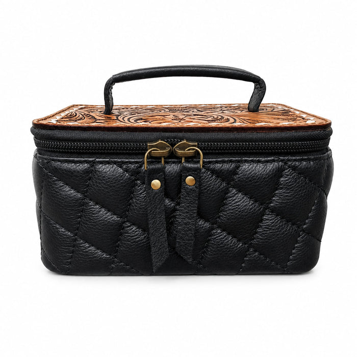 Women's Western Handcrafted Deluxe Floral Tooled Cowhide Dual Jewelry Cosmetic Organizer Travel Case Box 18RSJ