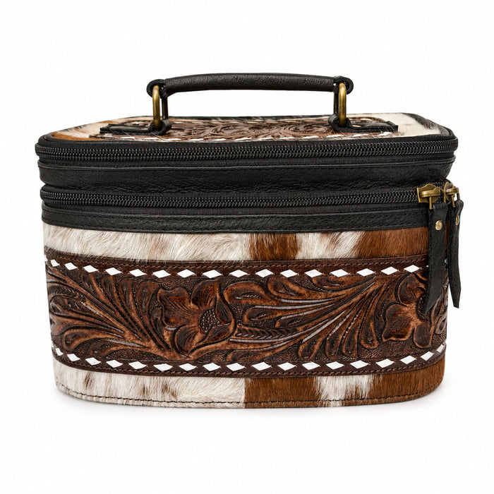 Women's Western Handcrafted Deluxe Floral Tooled Cowhide Dual Jewelry Cosmetic Organizer Travel Case Box 18RSJ
