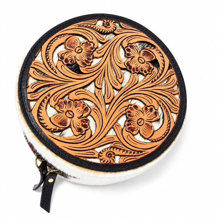 Women's Western Handcrafted Deluxe Floral Tooled Cowhide Dual Jewelry Cosmetic Organizer Travel Case Box 18RSJ