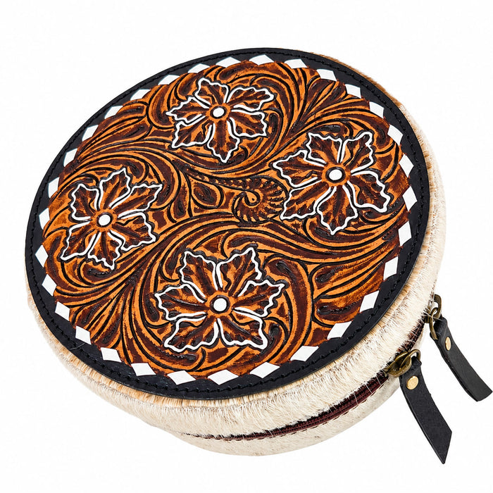 Women's Western Handcrafted Deluxe Floral Tooled Cowhide Dual Jewelry Cosmetic Organizer Travel Case Box 18RSJ