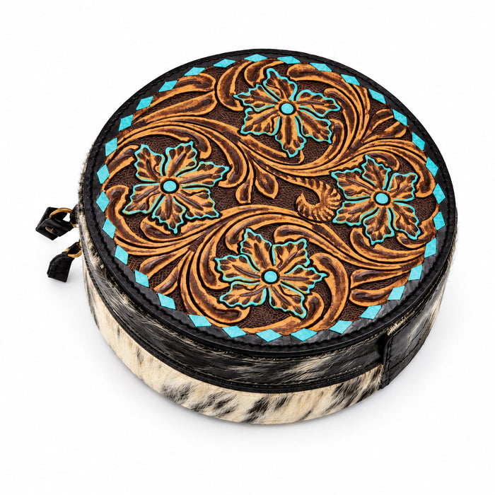 Women's Western Handcrafted Deluxe Floral Tooled Cowhide Dual Jewelry Cosmetic Organizer Travel Case Box 18RSJ