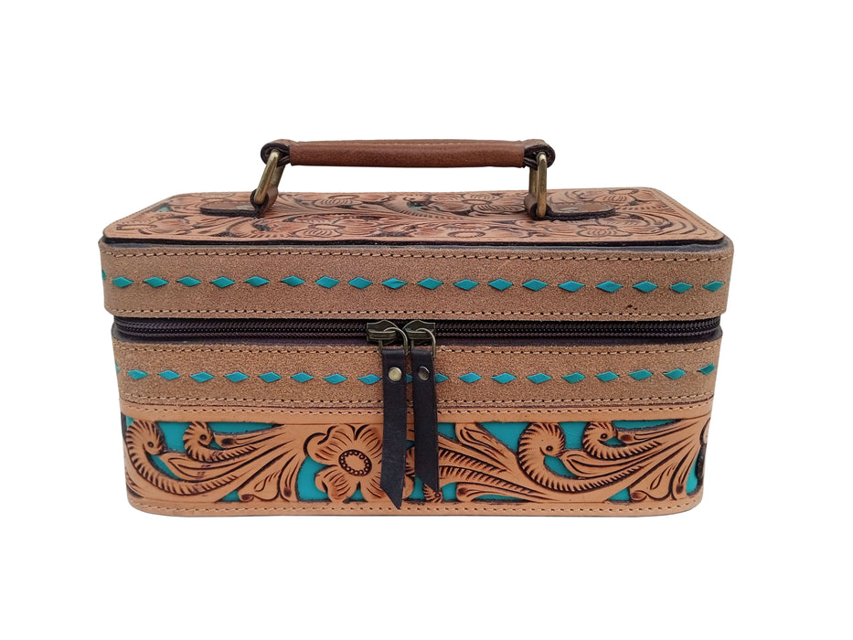 Women's Western Handcrafted Deluxe Floral Tooled Cowhide Dual Jewelry Cosmetic Organizer Travel Case Box 18RSJ