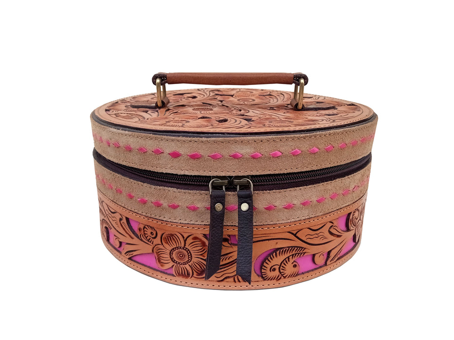 Women's Western Handcrafted Deluxe Floral Tooled Cowhide Dual Jewelry Cosmetic Organizer Travel Case Box 18RSJ