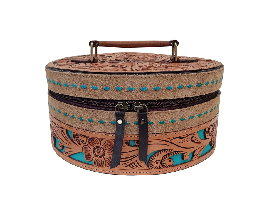 Women's Western Handcrafted Deluxe Floral Tooled Cowhide Dual Jewelry Cosmetic Organizer Travel Case Box 18RSJ