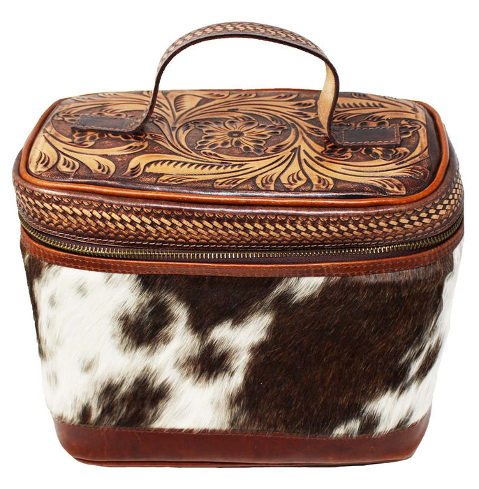 Women's Western Antique Floral Basket Cowhide Tooled Leather Cosmetic Travel Train Bag 18Train
