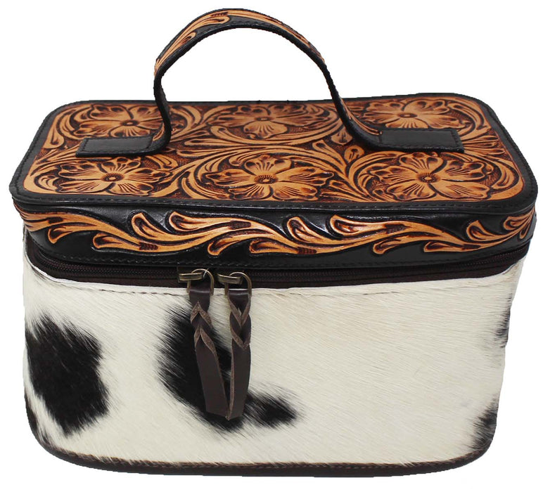 Women's Western Antique Floral Basket Cowhide Tooled Leather Cosmetic Travel Train Bag 18Train