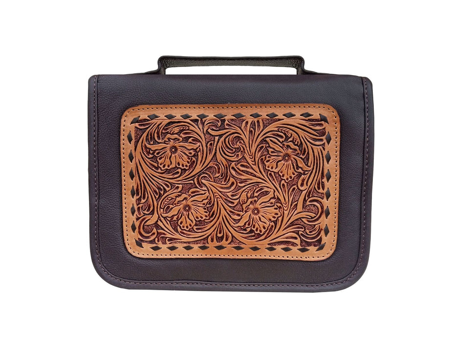 Challenger Leather Hanging Travel Kit Floral Tooled Organizer 10.5x10.5x3 Chocolate Brown 18RST11