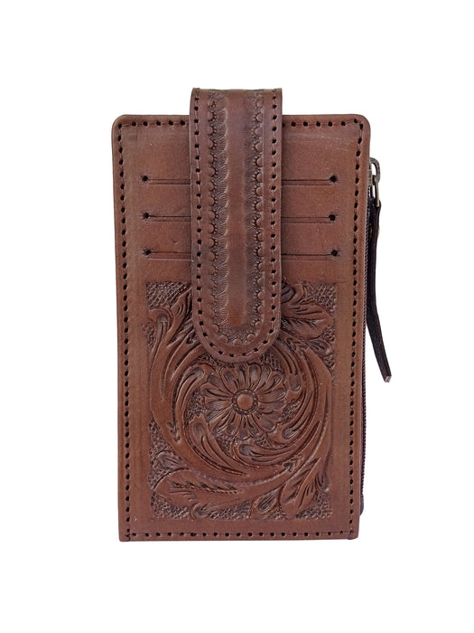 Western Brown Floral Leather Multi Card Organizer Slim Bifold Zipper Coin Wallet 18RSW002