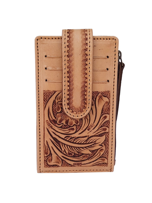Western Tan Floral Leather Multi Card Organizer Slim Bifold Zipper Coin Wallet 18RSW003