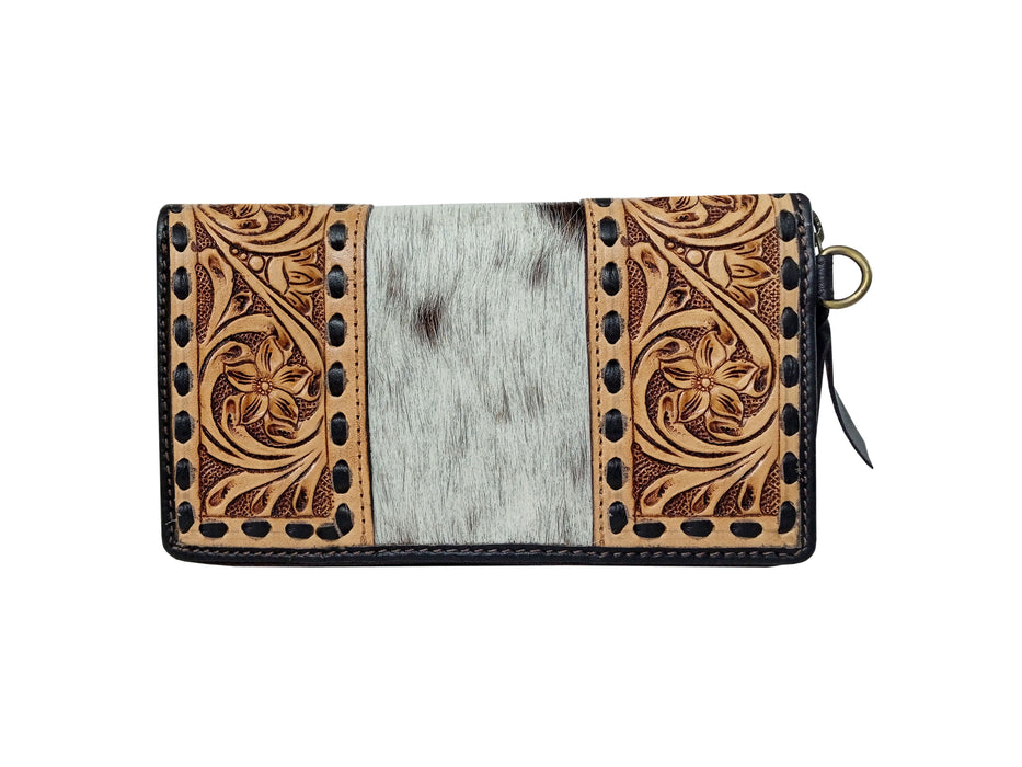 Women's Western Cowhide Floral Tooled Leather Zippered Wallet Clutch 18RSW013