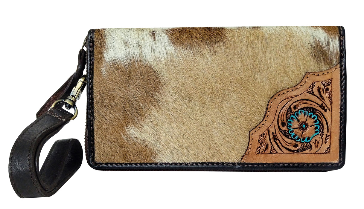 Women's Western Cowhide Floral Tooled Leather Zippered Wallet Clutch 18RSW014