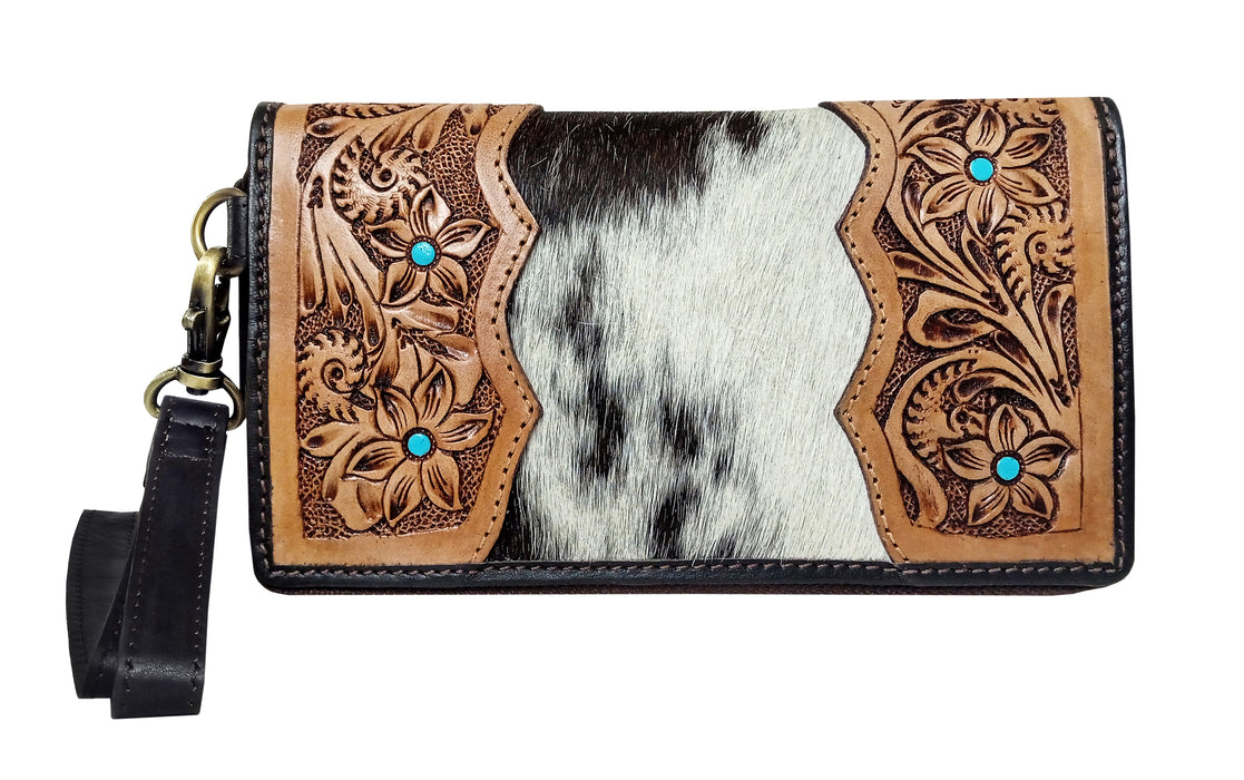 Women's Western Cowhide Floral Tooled Leather Zippered Wallet Clutch 18RSW015