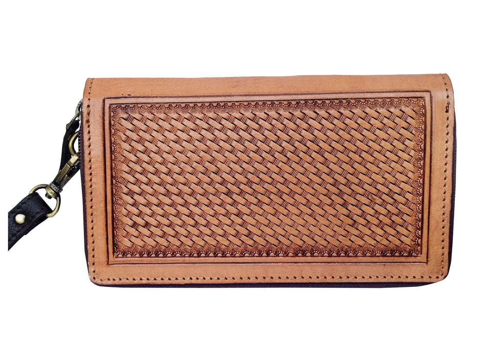 Challenger Western Leather Zipper Wallet Turquoise Floral Tooled & Basket Weave Clutch 18RSW033C