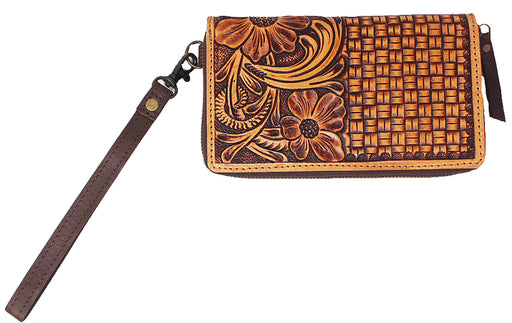 Women's Western Basket Floral Tooled Leather Wallet Zippered Clutch 18RSW03