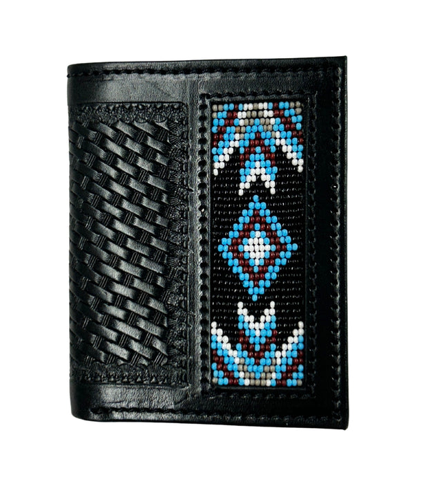 Men's Western Basket Weave Tooled Leather Beaded Bi-Fold Wallet 18RSW-Bifold