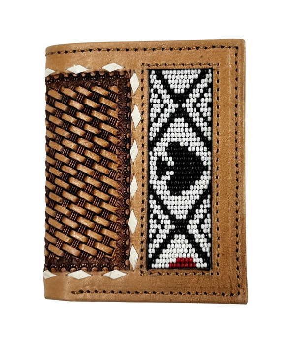 Men's Western Basket Weave Tooled Leather Beaded Bi-Fold Wallet 18RSW-Bifold