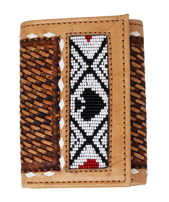 Men's Western Tooled Leather Beaded Floral Tri-Fold Wallet 18RSW-Trifold
