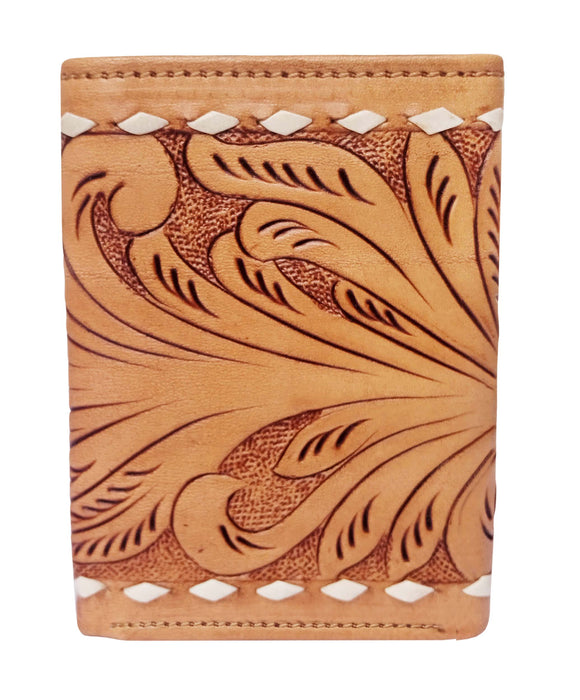 Challenger Western Tri-Fold Wallet – Floral Tooled Leather with Royal Flush Hearts Design, Buckstitch Detail 18RSW134R