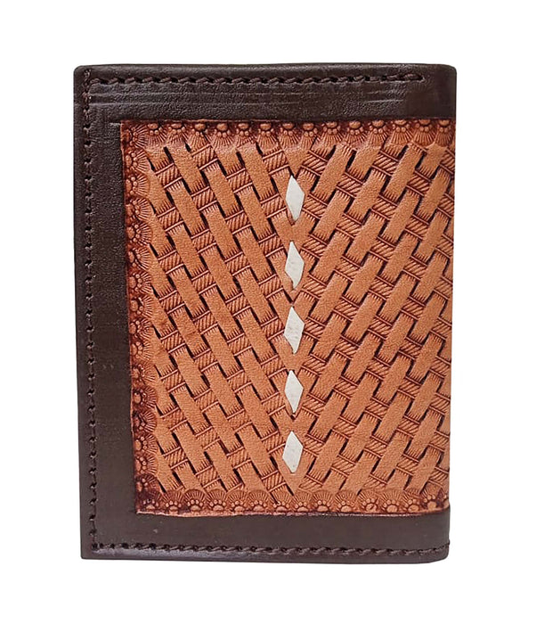 Challenger Western Bi-Fold Wallet – Ace’s Edge Antique Basket Weave with Four Aces Design, Brown Leather Trim 18RSW138B