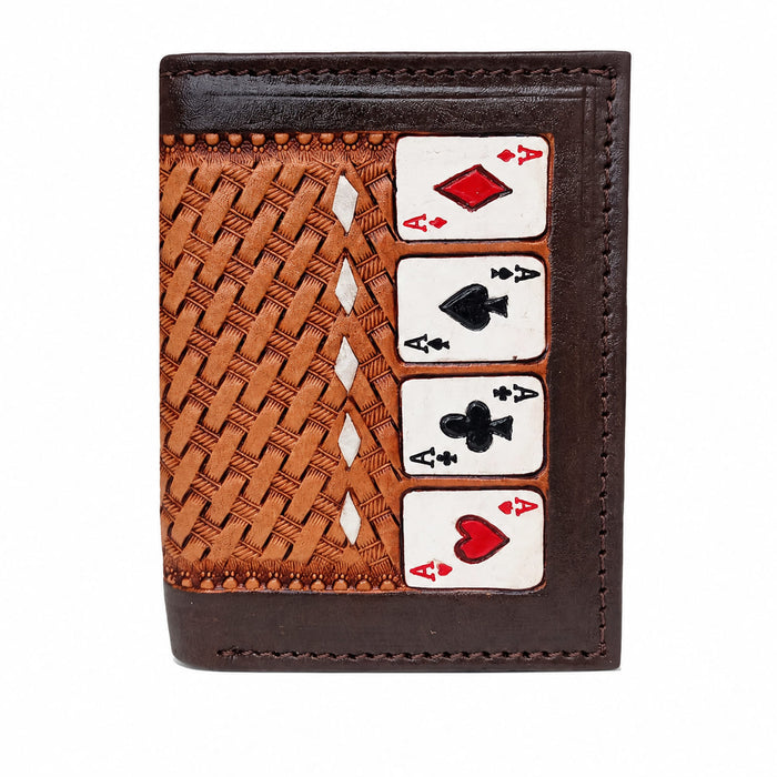 Challenger Western Bi-Fold Wallet – Ace’s Edge Antique Basket Weave with Four Aces Design, Brown Leather Trim 18RSW138B