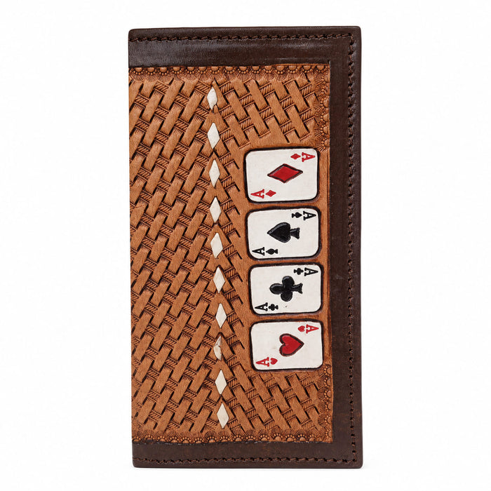 Challenger Western Rodeo Wallet – Ace’s Edge Antique Basket Weave with Four Aces Design, Brown Leather Trim 18RSW138R