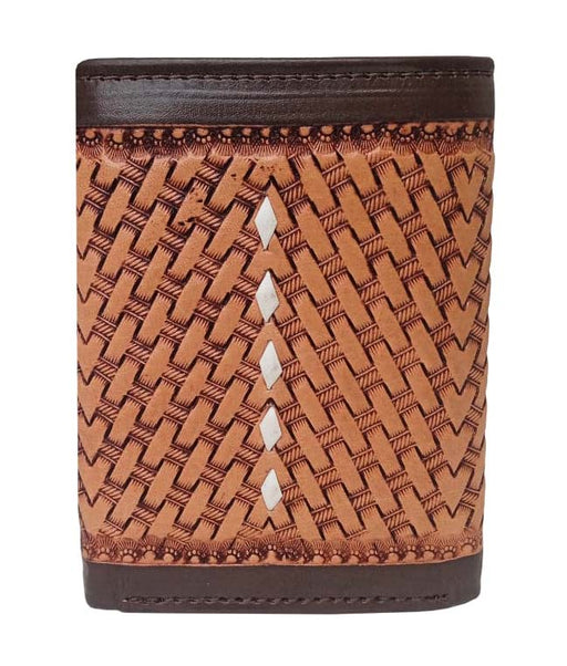 Challenger Western Tri-Fold Wallet – Ace’s Edge Basket Antique Basket Weave with Four Aces Design & Brown Trim 18RSW138T