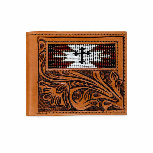 Challenger Western Floral Tooled Leather Bi-Fold Wallet Beaded Cross Inlay 18RSW143B