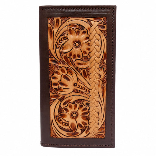 Challenger Western Rodeo Wallet – Braided Frontier Antique Floral Tooled Leather with Braided Lacing Accents, Brown Trim 18RSW151R