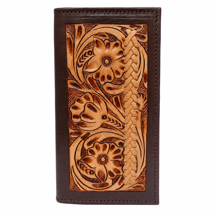 Challenger Western Rodeo Wallet – Braided Frontier Antique Floral Tooled Leather with Braided Lacing Accents, Brown Trim 18RSW151R