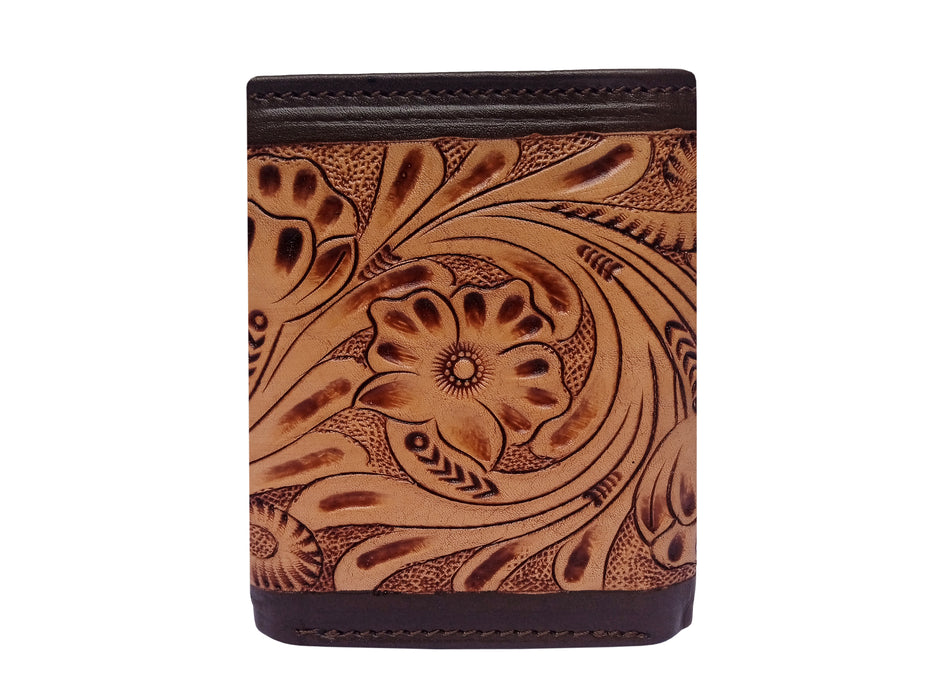 Challenger Western Tri-Fold Wallet – Braided Frontier Antique Floral Tooled Leather with Braided Lacing Accents, Brown Trim 18RSW151T