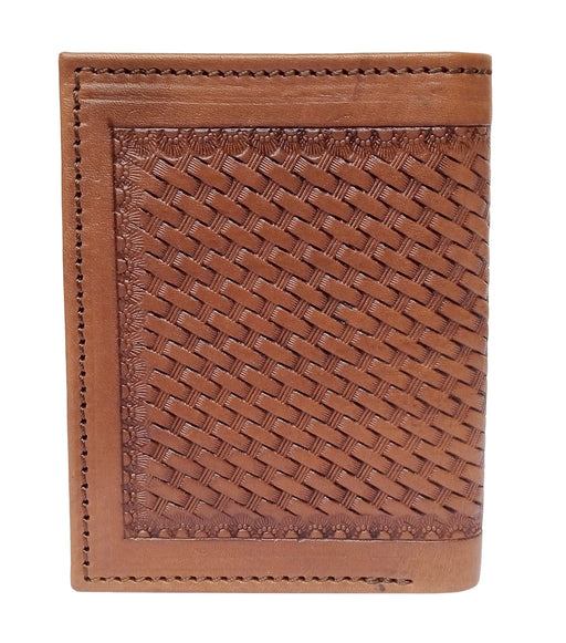 Challenger Western Bi-Fold Wallet – Saddle Weave Arrow Oiled Tan Basket Weave Tooled Leather with Rawhide Arrow Accents Bi-Fold