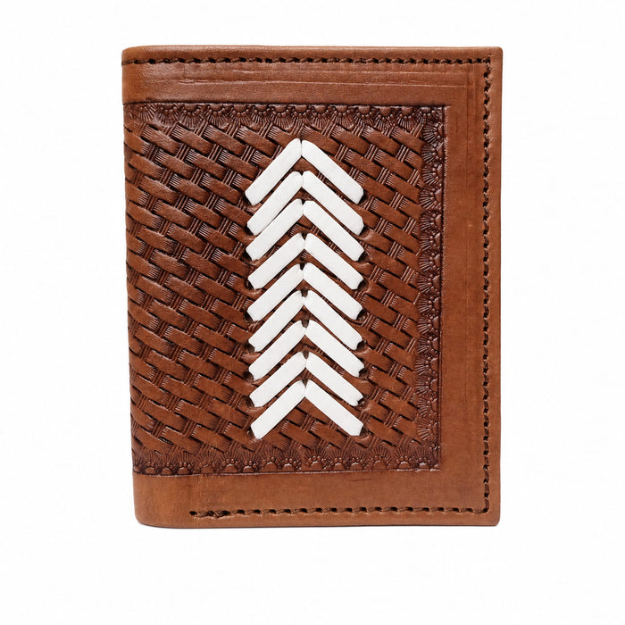 Challenger Western Bi-Fold Wallet – Saddle Weave Arrow Oiled Tan Basket Weave Tooled Leather with Rawhide Arrow Accents Bi-Fold