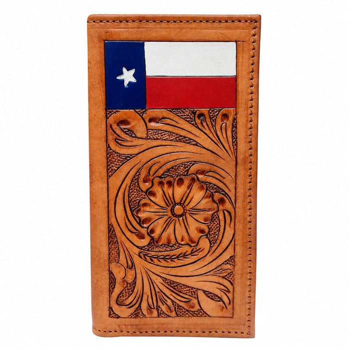 Challenger Western Rodeo Wallet – Texas Pride Floral Tooled Leather with Hand Painted Texas Flag Design 18RSW155R