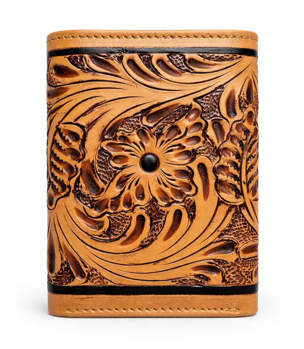 Challenger Western Tri-Fold Wallet – Ace’s Edge Basket Antique Basket Weave with Four Aces Design & Brown Trim 18RSW138T
