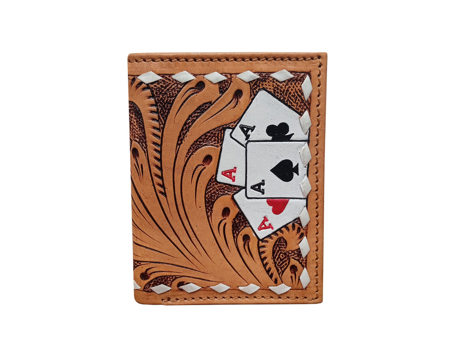 Challenger Western Bi-Fold Wallet – Stacked Aces Floral Tooled Leather with Hand Painted Card Design 18RSW168B