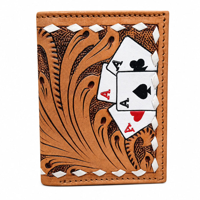 Challenger Western Bi-Fold Wallet – Stacked Aces Floral Tooled Leather with Hand Painted Card Design 18RSW168B