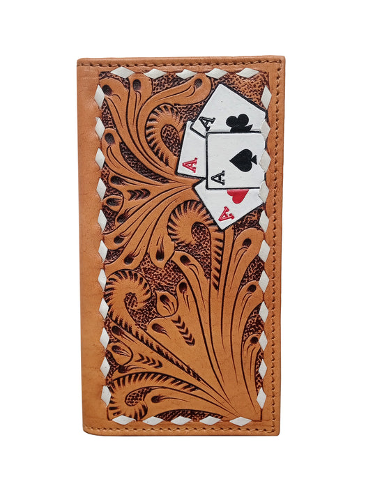 Challenger Western Rodeo Wallet – Texas Pride Floral Tooled Leather with Hand Painted Texas Flag Design