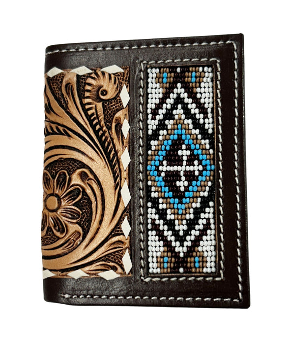 Men's Western Basket Weave Tooled Leather Beaded Bi-Fold Wallet 18RSW-Bifold