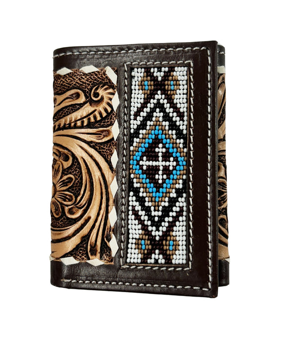 Men's Western Tooled Leather Beaded Floral Tri-Fold Wallet 18RSW-Trifold