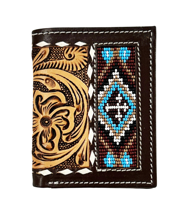 Men's Western Basket Weave Tooled Leather Beaded Bi-Fold Wallet 18RSW-Bifold