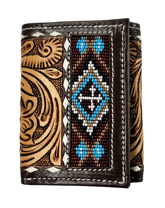 Men's Western Tooled Leather Beaded Floral Tri-Fold Wallet 18RSW-Trifold