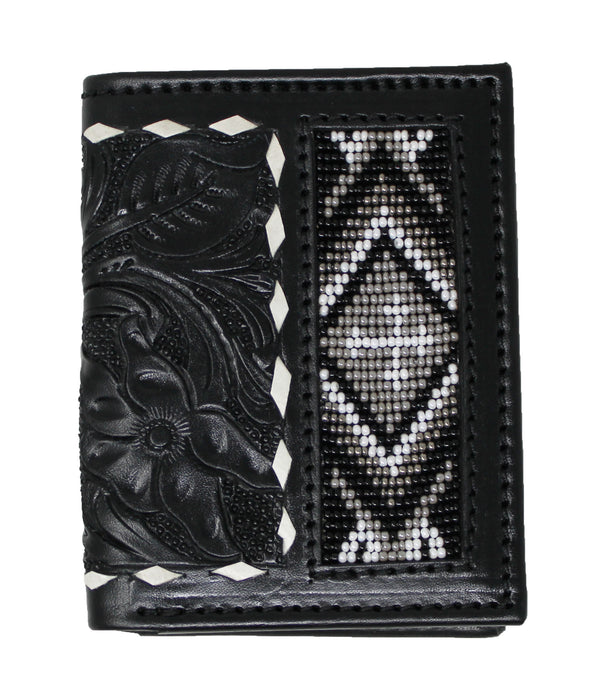 Men's Western Basket Weave Tooled Leather Beaded Bi-Fold Wallet 18RSW-Bifold