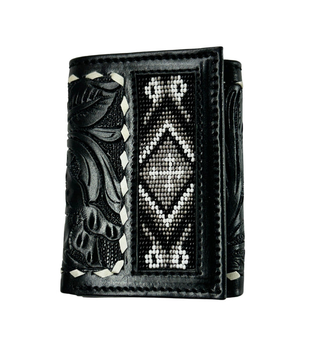 Men's Western Tooled Leather Beaded Floral Tri-Fold Wallet 18RSW-Trifold