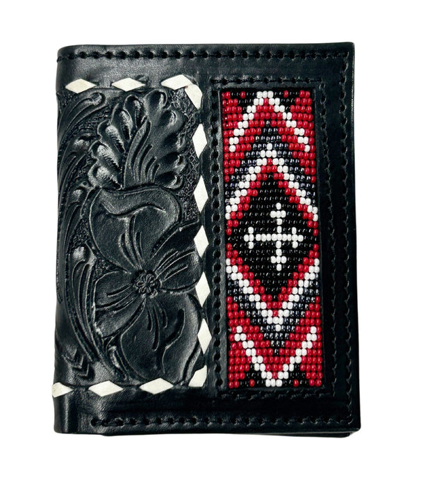 Men's Western Basket Weave Tooled Leather Beaded Bi-Fold Wallet 18RSW-Bifold
